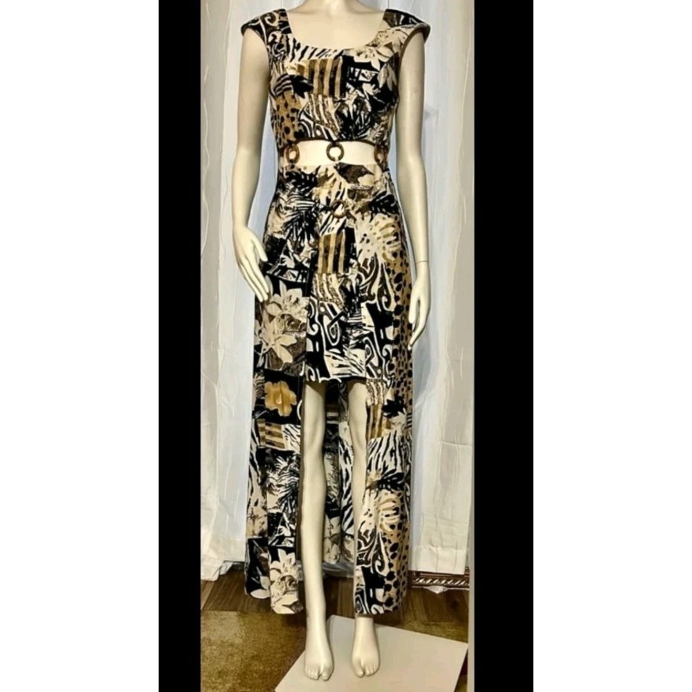 Vtg Joseph Ribkoff Cutout Tribal Safari Resort Hi Lo Maxi Dress 10